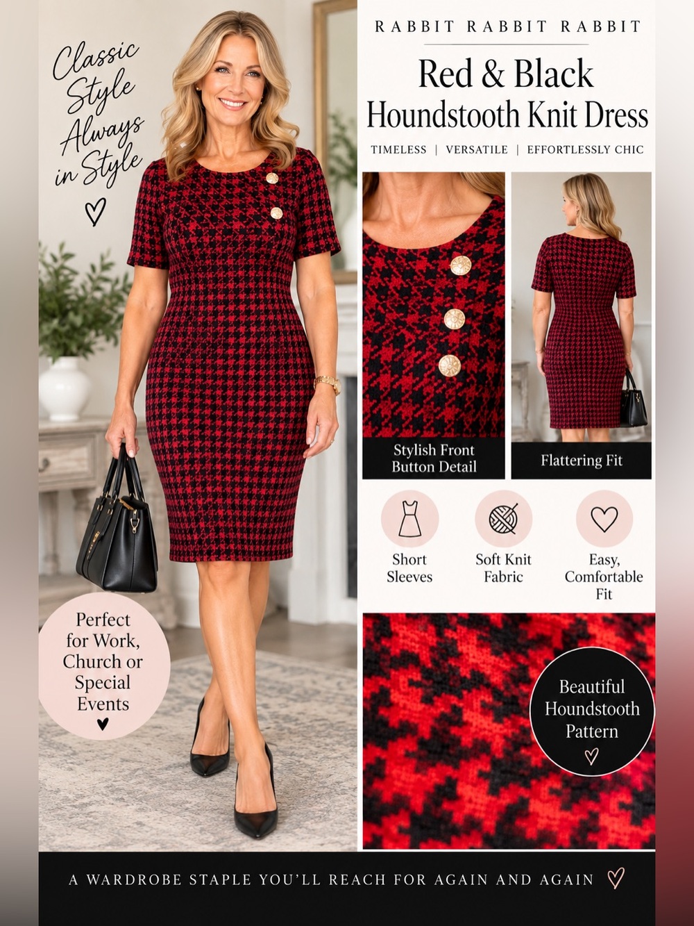 Rabbit Rabbit Rabbit Houndstooth Knit Dress Red Black Size 8 short sleeve